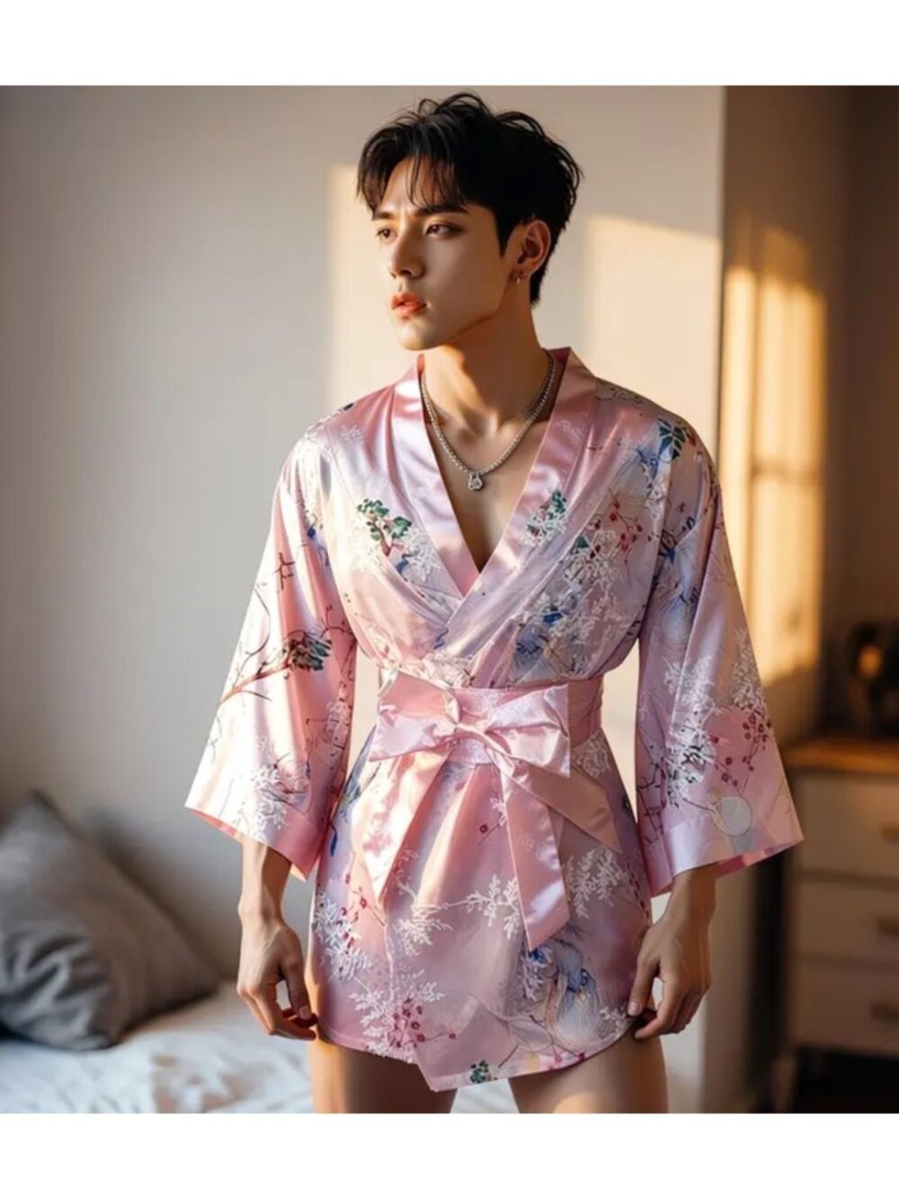 Mens Pink Satin Kimono Robe*Floral Print*Tie-Waist Belt*Cosplay*Femboy*Sissy*NIP